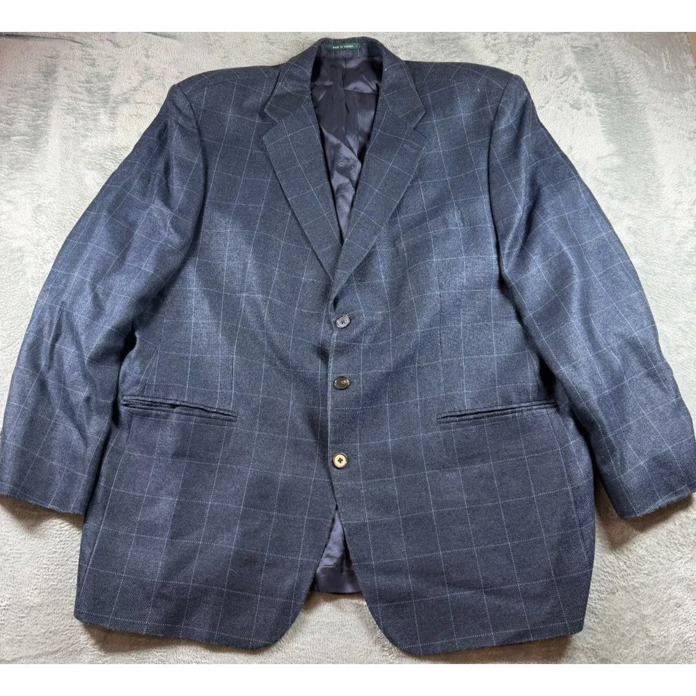 Vtg 1998 Lauren Ralph Lauren Blazer Men 52T Blue Windowpane Wool Sport Coat